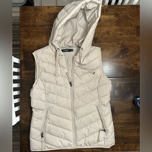 Lauren Ralph Lauren Womens M Hooded Puffer Vest Birch Tan RLL Embroidery